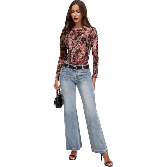 🆕Women Brown Floral Polyester Mesh Top  Crew  Neck Long Sleeve  See-Through Tee - Picture 3 of 6